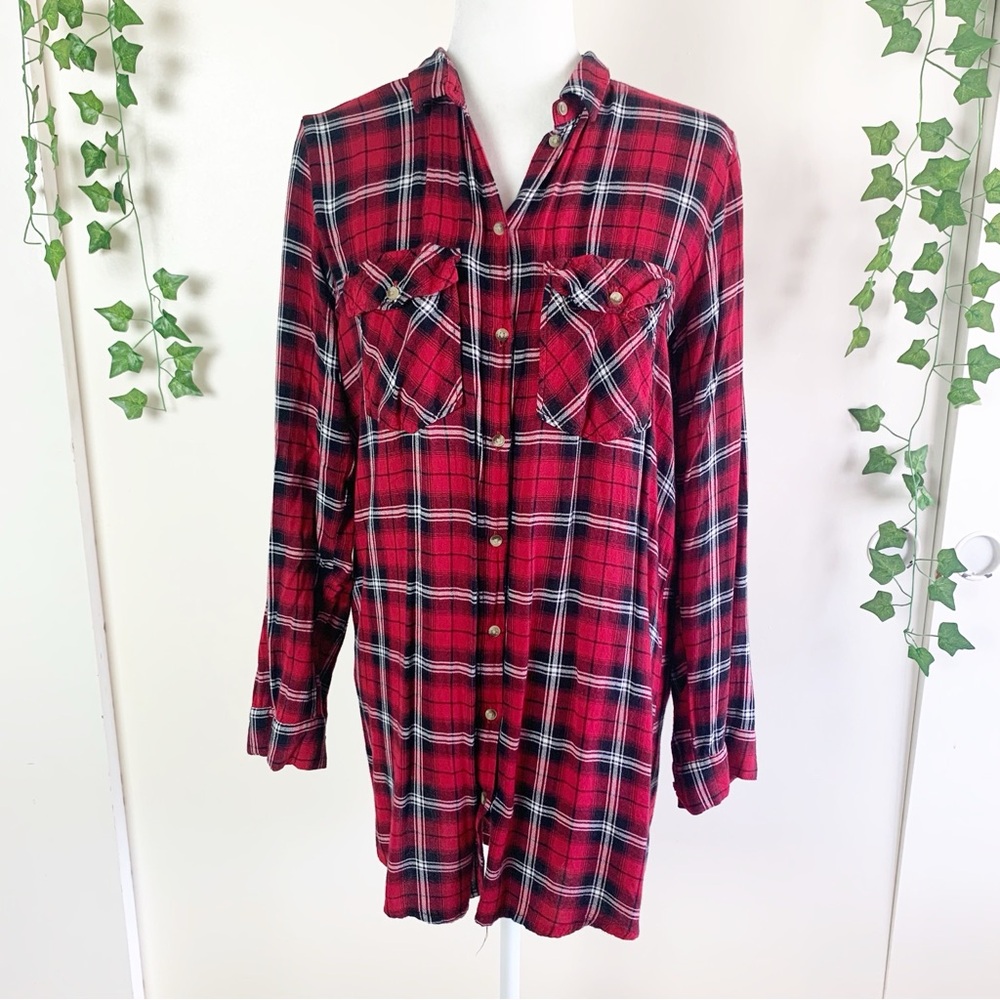 H&M Divided Plaid Flannel Button Front Tunic Top | Medium